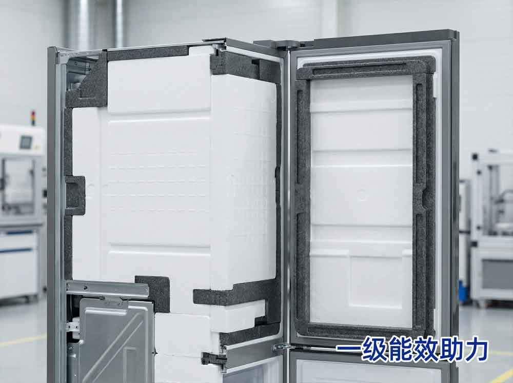 a.痛点：保温差导致能耗高、达不到一级能效
b.材料选型：EPS 保温层 + EPP 密封件
c.核心收益：保温隔热效果优异，减少压缩机运行频次，助力一级能效认证
d.适配场景：智能冰箱、嵌入式冷柜、冷链保鲜设备
配图：冰箱 EPS 保温层结构示意图