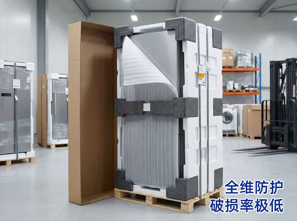 a.痛点：运输碰撞导致外壳刮擦、核心部件损坏
b.材料选型：EPE 缓冲内托 + EPS 外包装 + EPP 固定件
c.核心收益：防护性能优异，全环境适配，防刮擦、防碰撞，破损率大幅降低
d.适配场景：智能电视、空调、冰箱整机运输
e.配图：冰箱运输包装整体实拍图