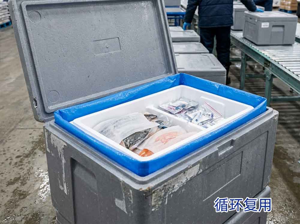 a.痛点：周转箱笨重易损坏，货物分拣碰撞，包装防潮防静电差
b.材料选型：EPP 循环周转箱 + EPE 复合包装 + EPO 定制衬垫
c.核心收益：EPP 周转箱轻量化、高回弹，可反复消毒循环使用，降低包装成本；EPE 复合包装防潮防静电，EPO 衬垫精准固定货物，适配分拣、搬运、存储多环节衔接
d.适配场景：冷链分拣中心周转、生鲜电商打包、精密冷链器件包装
配图：EPP 冷链周转箱实拍图