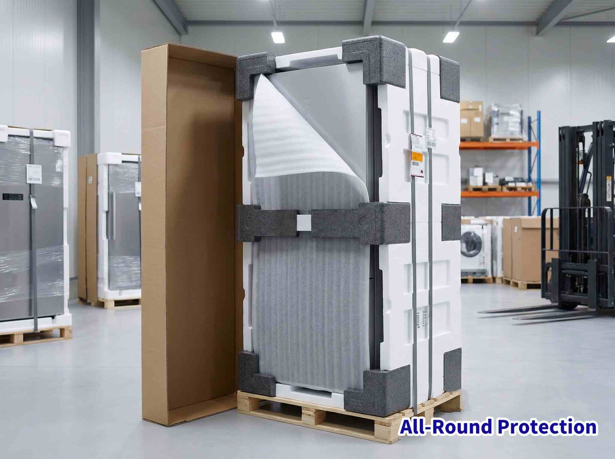 a. Challenge: Surface scratches and internal component damage during transport
b. Material Selection: EPE cushioning inserts + EPS outer packaging + EPP fixing components
c. Core Benefits: Full-range protection; impact resistance; significantly reduced damage rate
d. Applications: Smart TVs, air conditioners, and refrigerators
e. Image: Refrigerator transport packaging system