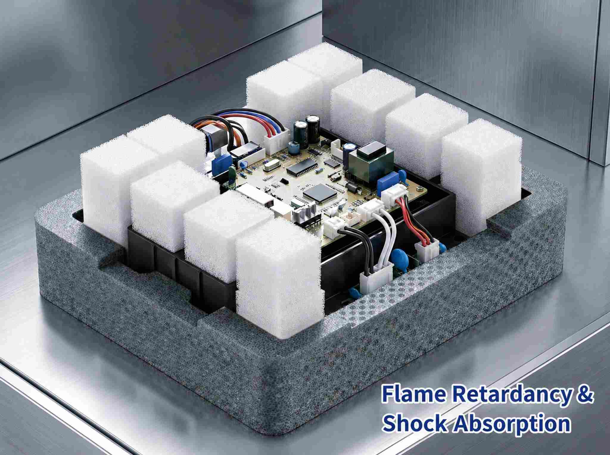 a. Challenge: Electrical short-circuit risk, motor overheating, and vibration-induced component failure
b. Material Selection: Flame-retardant MPPE + EPE composite system
c. Core Benefits: Flame resistance and short-circuit prevention; high-temperature durability; vibration absorption to protect solder joints; low-VOC and safe for indoor environments
d. Applications: Refrigerators & air conditioner control boxes, washing machine motors, and high-temperature zones in built-in appliances
e. Image: MPPE-filled control box with EPE internal structure