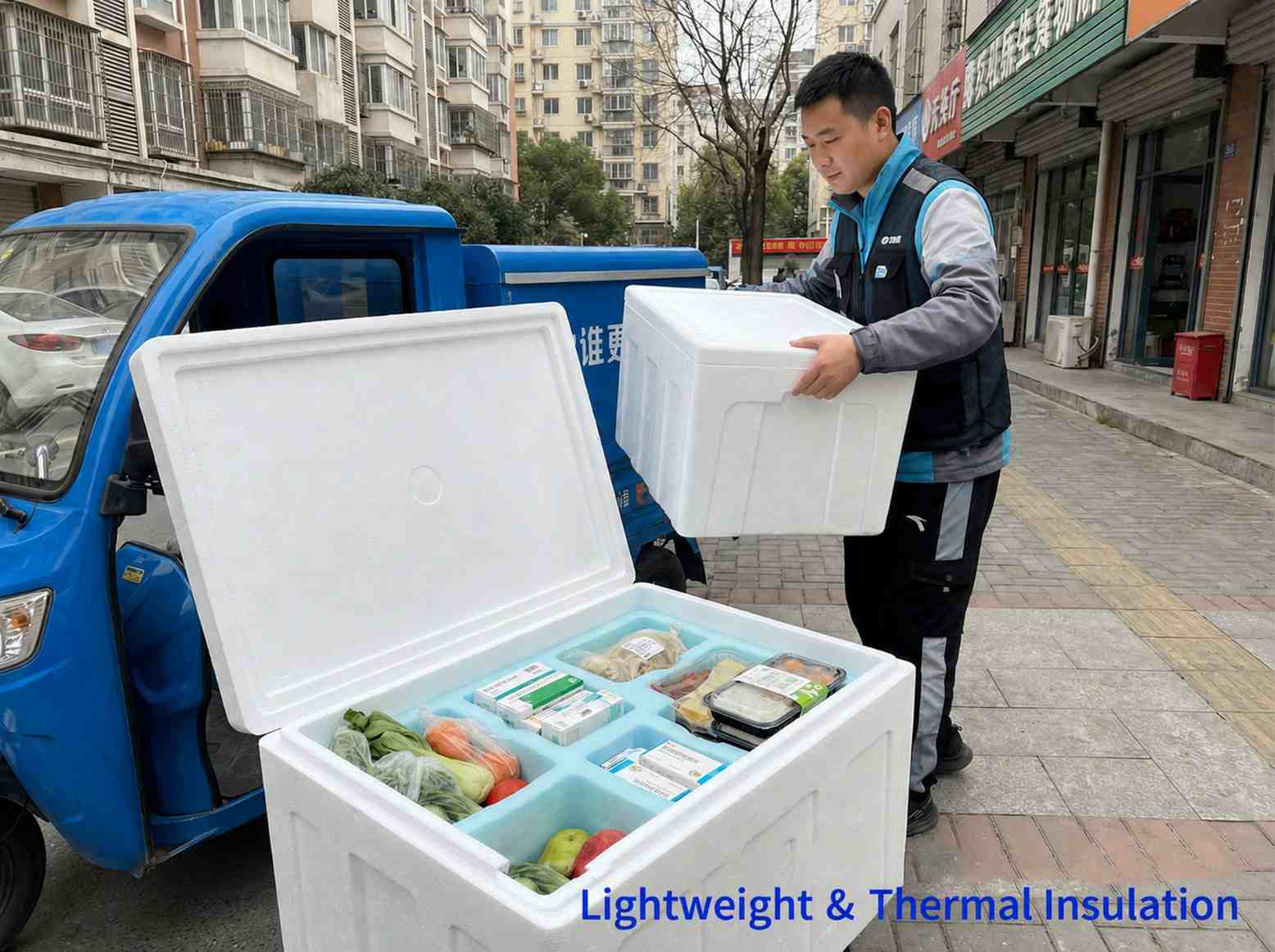 a. Challenge: Temperature instability in last-mile delivery, heavy packaging, and cargo deformation during transport
b. Material Selection: Lightweight EPP insulated box + EPE cushioning liners
c. Core Benefits: Lightweight structure reduces delivery burden; stable insulation ensures temperature control; EPE liners provide precise cushioning and scratch protection
d. Applications: Community fresh food delivery, pharmaceutical home delivery, and prepared meal distribution
e. Image: EPP last-mile insulated delivery box