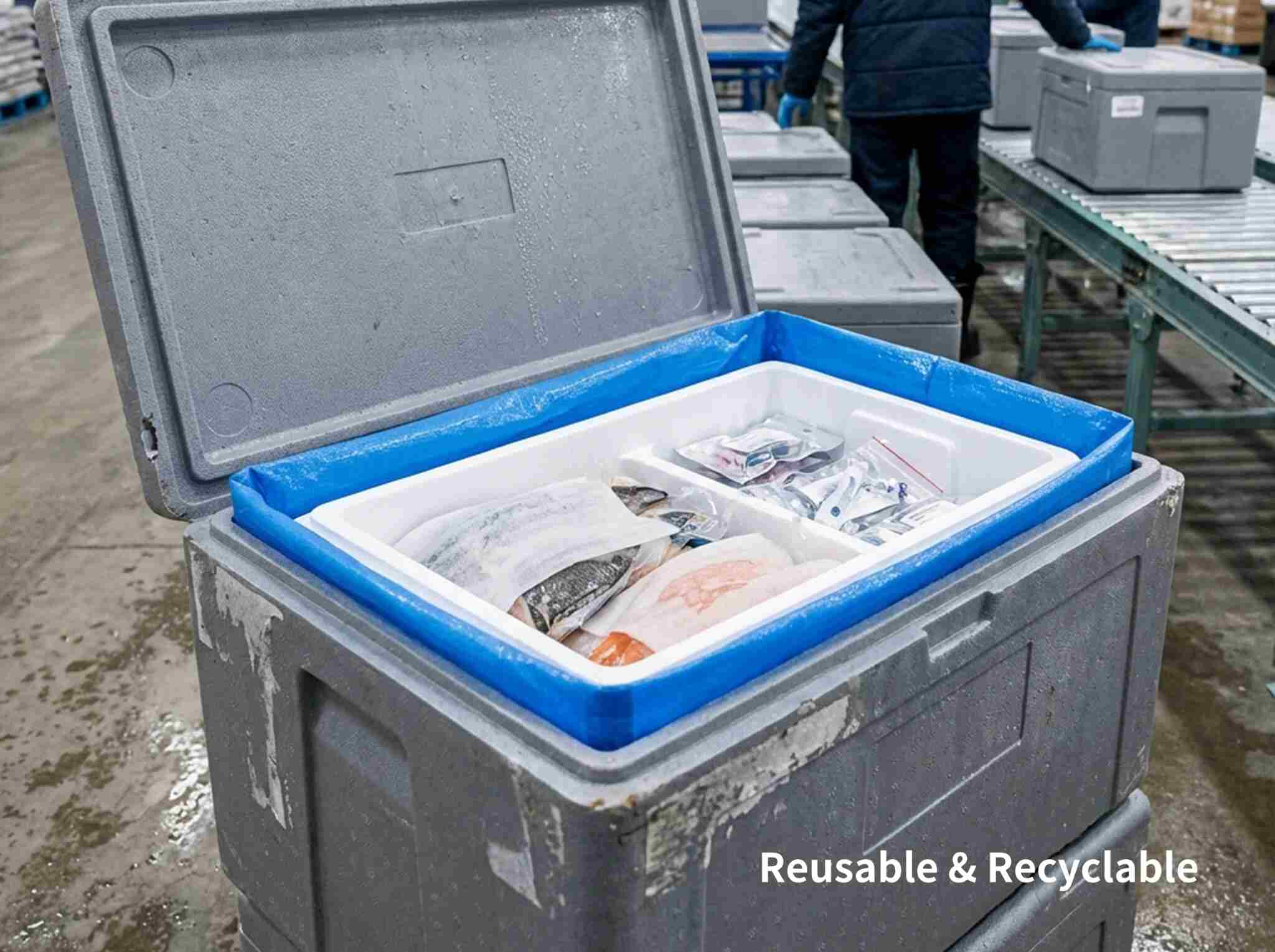 a. Challenge: Fragile turnover boxes, poor moisture resistance, and inefficient logistics circulation
b. Material Selection: EPP reusable circulation boxes + EPE composite packaging + EPO custom inserts
c. Core Benefits: Lightweight and high-resilience reusable system reduces cost; anti-static and moisture-resistant packaging; precision fixation for multi-stage logistics handling
d. Applications: Cold chain distribution centers, fresh e-commerce packaging, and precision cold chain components
e. Image: EPP reusable cold chain box
