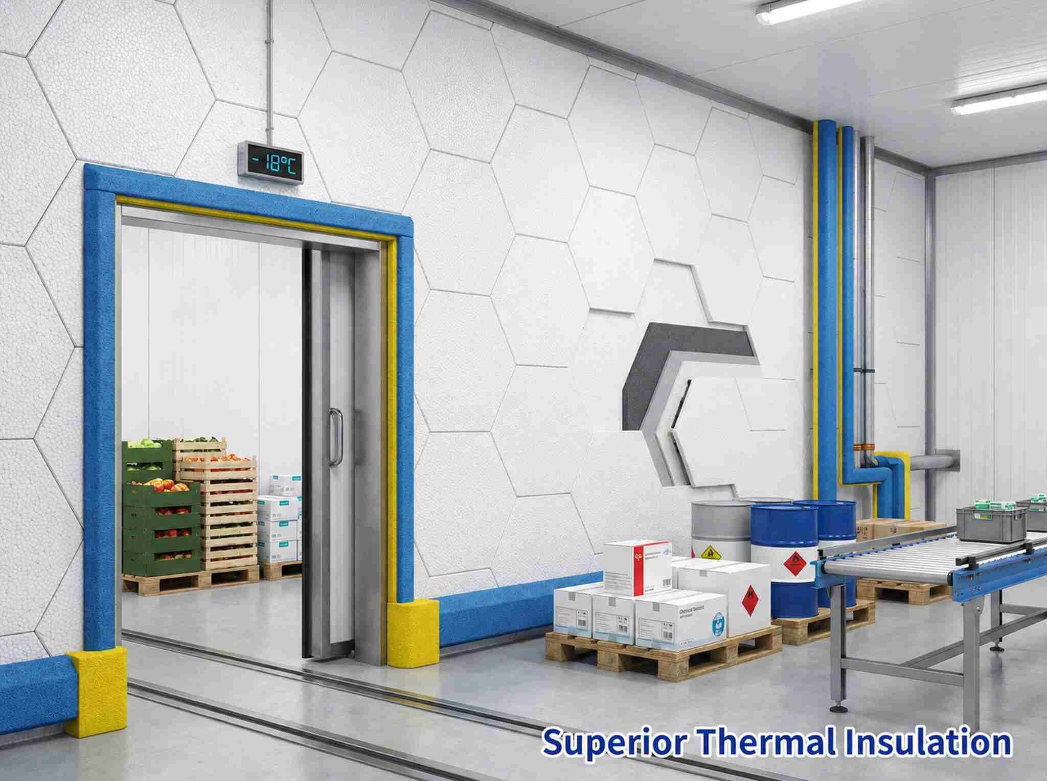 a. Challenge: Heat loss, high energy consumption, moisture-induced wall degradation, and cargo impact damage
b. Material Selection: EPS insulation system + EPP sealing & impact protection components
c. Core Benefits: Excellent thermal insulation maintaining stable cold storage temperature; reduced energy consumption; enhanced sealing at doors and pipe interfaces; impact protection reduces cargo damage; moisture and mold resistance extends service life
d. Applications: Fresh food cold storage, pharmaceutical warehouses, low-temperature chemical storage, and cold chain distribution centers
e. Image: EPS cold room insulation structure