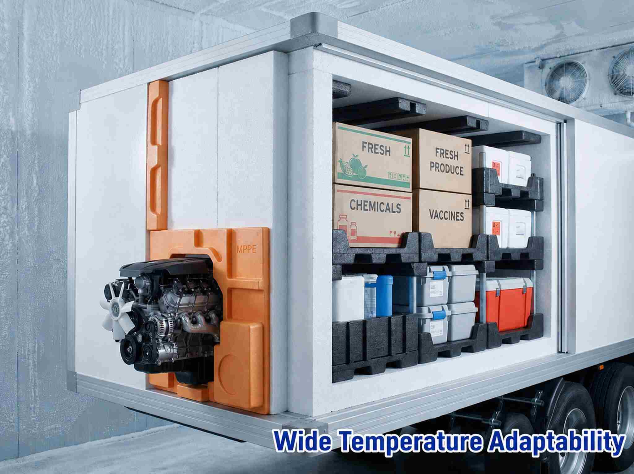 a. Challenge: Temperature fluctuation during long-distance transport, poor insulation, impact damage during loading/unloading, and extreme environment instability
b. Material Selection: EPS insulation core + MPPE thermal barrier components + EPP fixing structures
c. Core Benefits: Stable thermal insulation for constant temperature control; MPPE withstands high-temperature zones; EPP fixation prevents cargo movement and impact damage; adapts to extreme temperature conditions ensuring cargo stability
d. Applications: Cross-regional fresh food logistics, vaccine transportation, and low-temperature chemical container transport
e. Image: Refrigerated truck insulation system structure