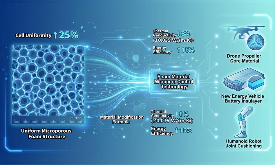 Core Advantages
Advanced material formulation and mold simulation technologies improve cell uniformity by 25%, reduce thermal conductivity by 8%, and enhance energy absorption by 15%, delivering a better balance of insulation, strength, and cushioning performance.
Applications
Low-Altitude Economy: UAV structural components and lightweight applications.
New Energy Vehicles: Battery pack insulation and thermal management systems.
Embodied AI & Robotics: Joint cushioning and impact protection components.
