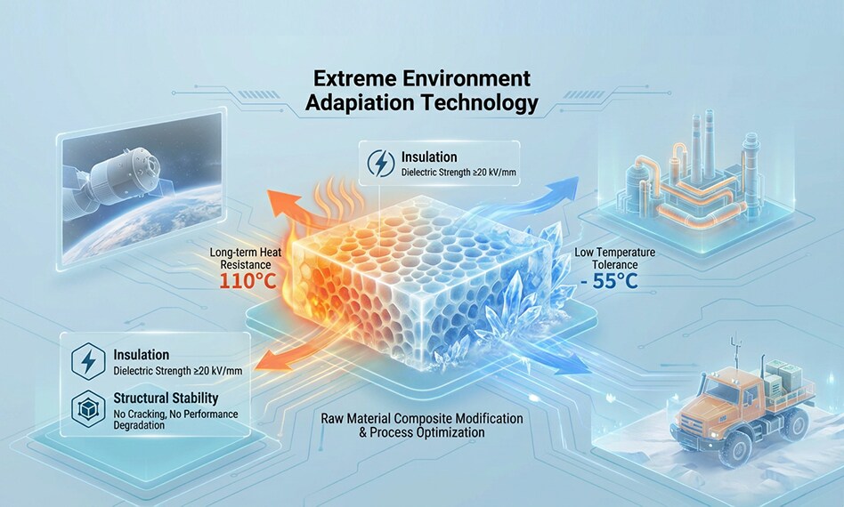 Core Advantages
Through advanced material modification and process optimization, MPPE materials deliver reliable performance from -55°C to 110°C, maintaining excellent insulation, structural stability, and durability in extreme environments.
Applications
Aerospace: Lightweight structural and insulation components.
Industrial Equipment: High-temperature thermal insulation solutions.
Extreme Conditions: Protection for equipment operating in polar and harsh environments.