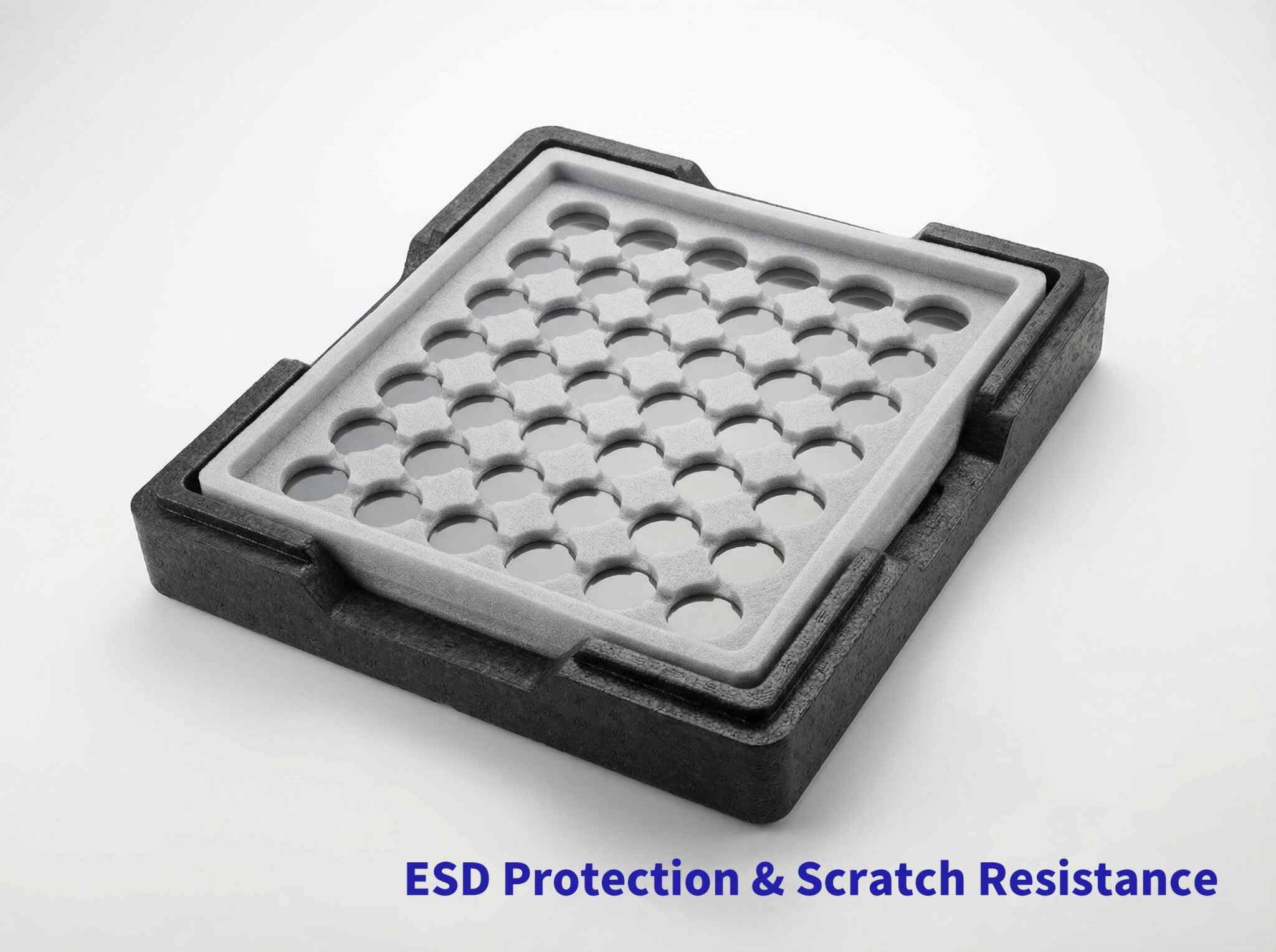 a. Challenge: Wafer sensitivity to vibration, scratching, and electrostatic discharge affecting yield
b. Material Selection: Anti-static EPE inner tray + EPP fixing frame
c. Core Benefits: Custom slots for mainstream wafer sizes; rapid electrostatic dissipation; no displacement under drop impact; clean and dust-free environment; significantly improved yield
d. Applications: Long-distance wafer transport boxes, cleanroom transfer containers, and lithography wafer buffering components
e. Image: EPE wafer tray with EPP fixing frame
